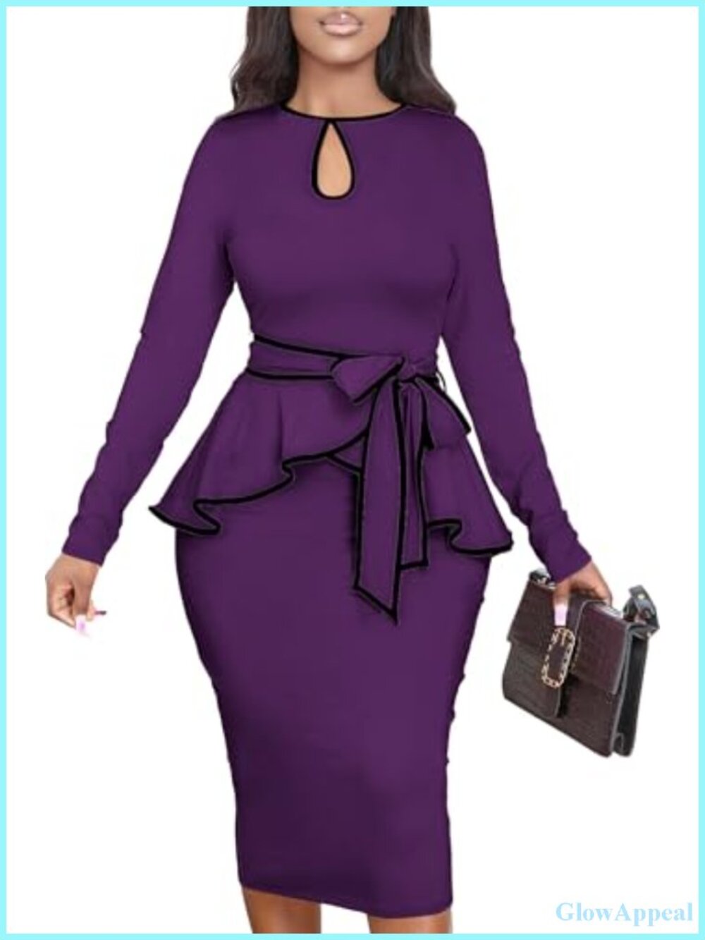 Women's Long Sleeve Bodycon Peplum Dress Work Office Knee Length